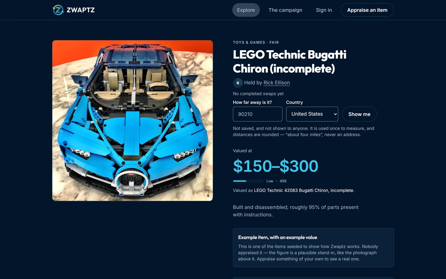A Zwaptz item page for an incomplete LEGO Technic Bugatti Chiron, valued at 150 to 300 dollars with a confidence bar reading Low, 45 percent, above a panel explaining it is an example item.