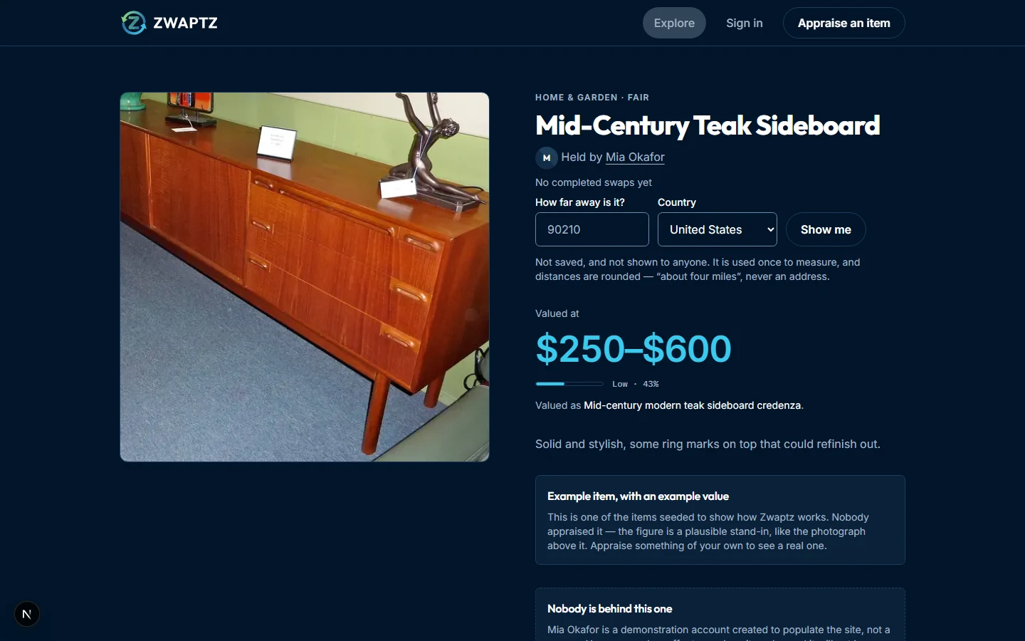 A Zwaptz item page for a mid-century teak sideboard, showing the category, the holder, a valuation band and a confidence figure.