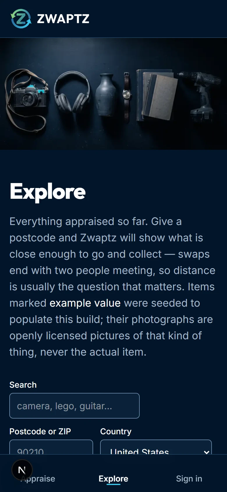The Zwaptz Explore page on a phone, with a bottom tab bar and item cards showing value ranges.