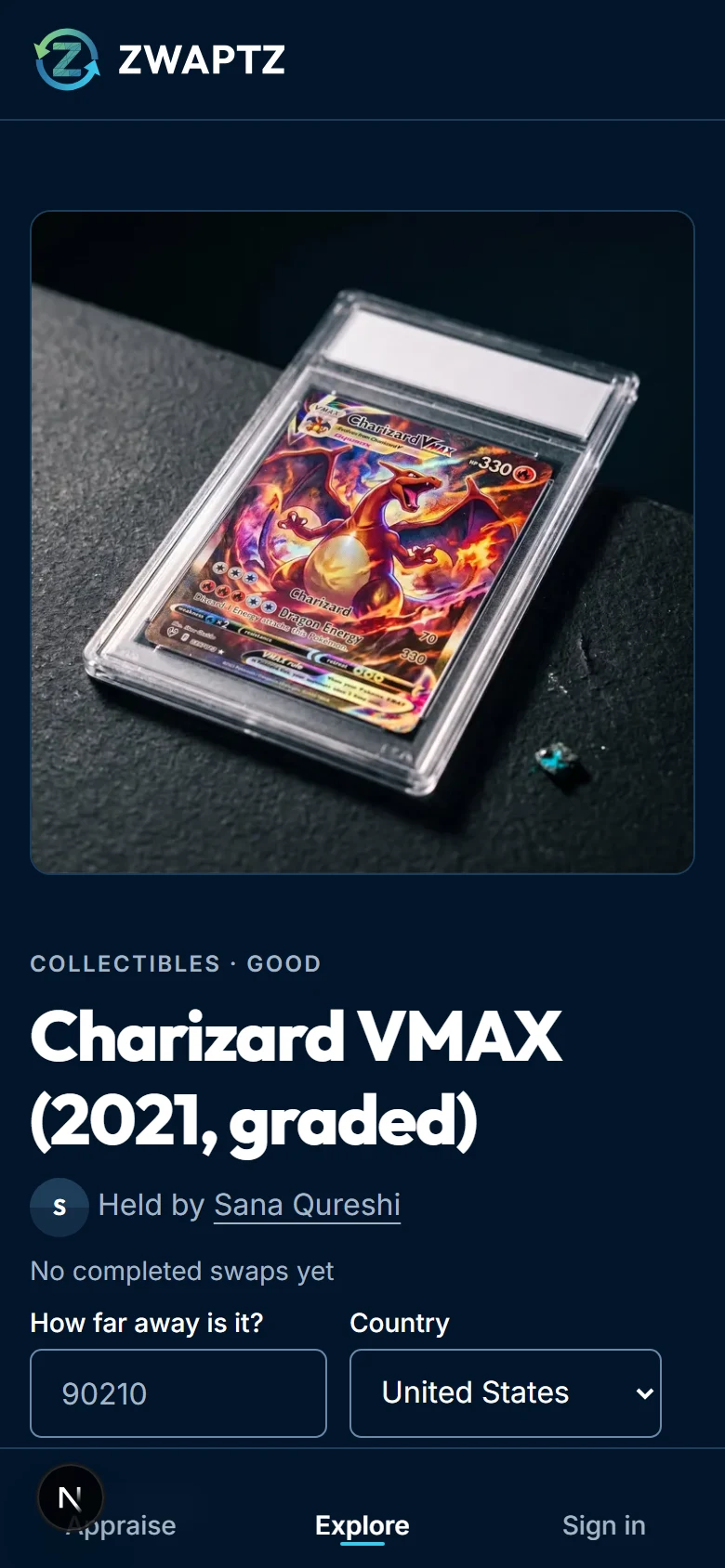 A Zwaptz item page on a phone showing a graded Charizard VMAX card valued at 900 to 1,400 dollars, with a Propose a swap button.