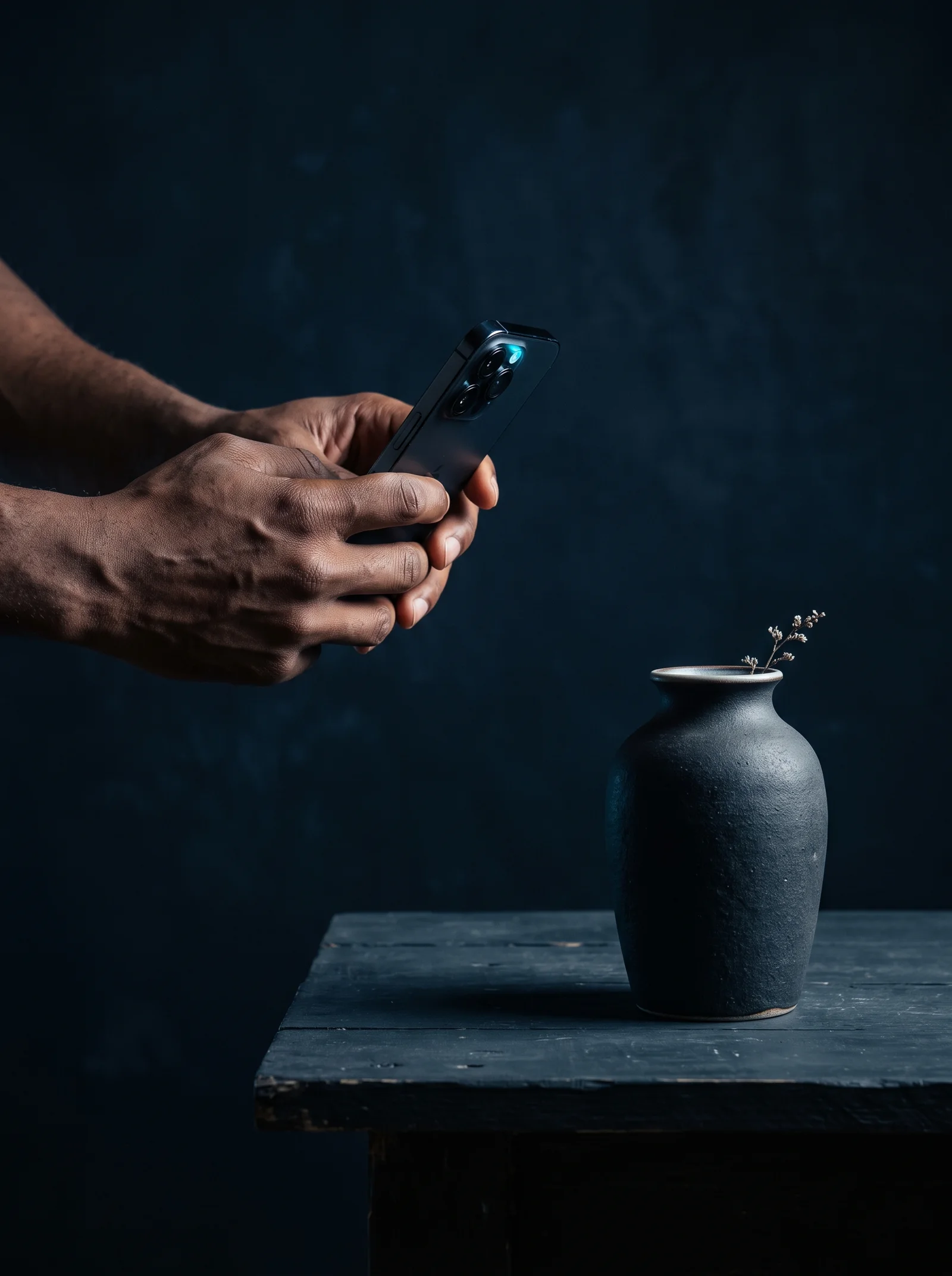 Two hands holding a phone up to photograph a dark ceramic vase standing on a wooden table, the camera light glowing cyan.