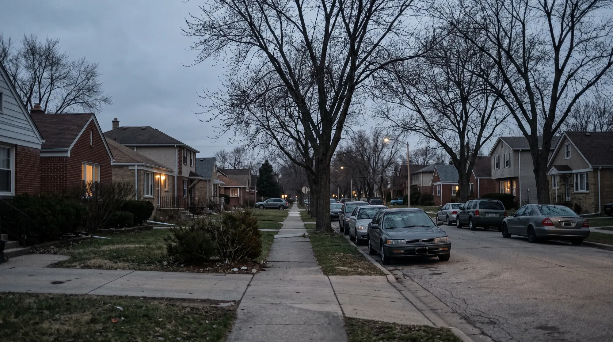 A residential street on an overcast evening, parked cars along the kerb and lit windows in the houses, with nobody in shot.